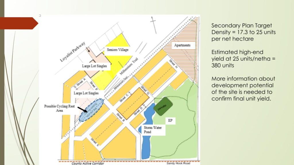 <p>PROPOSED PLAN: One of the many slides shown to the public is of the proposed residential areas in Loyalist Heights along with roads to be built. (Submitted photo)</p>
