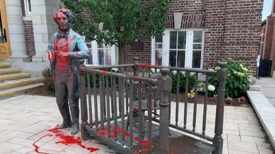 <p>The bronze statue of Sir John A. Macdonald was targeted by unknown person (s) earlier this summer. (Change.org photo)</p>
