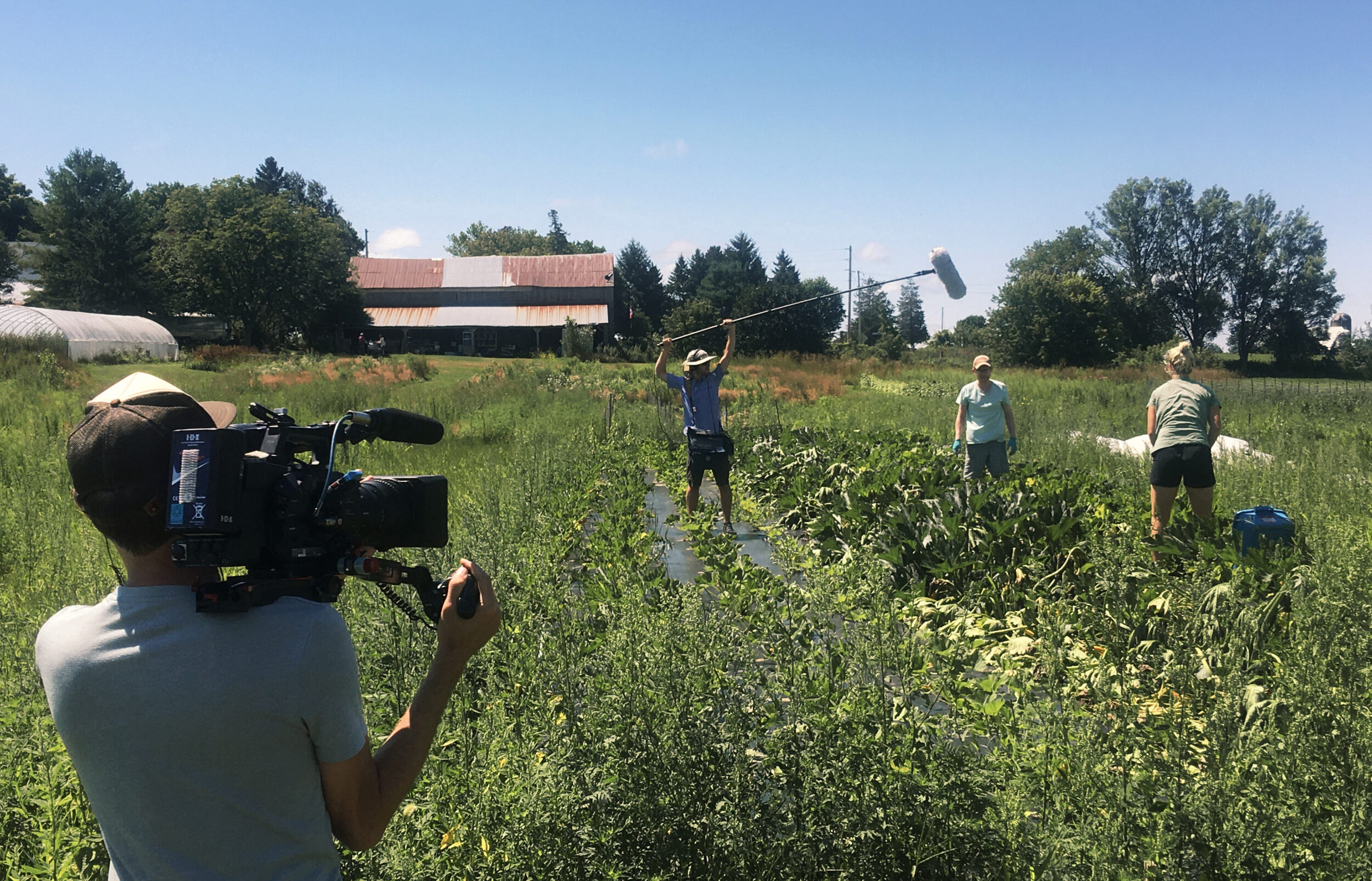 <p>Filming takes place at (Third from left) Alex Armstrong’s Blue Wheelbarrow Farm just outside of Bloomfield. (Submitted Photo)</p>
