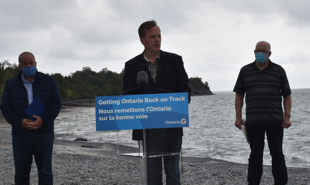 <p>Bay of Quinte MPP Todd Smith, Minister of Environment, Conservation and Parks Jeff Yurek and South Marysburgh Councillor and President of the SOuth SHore Joint Intiative John Hirsch at Point Petre on Thursday. (Jason Parks/Gazette Staff)</p>
