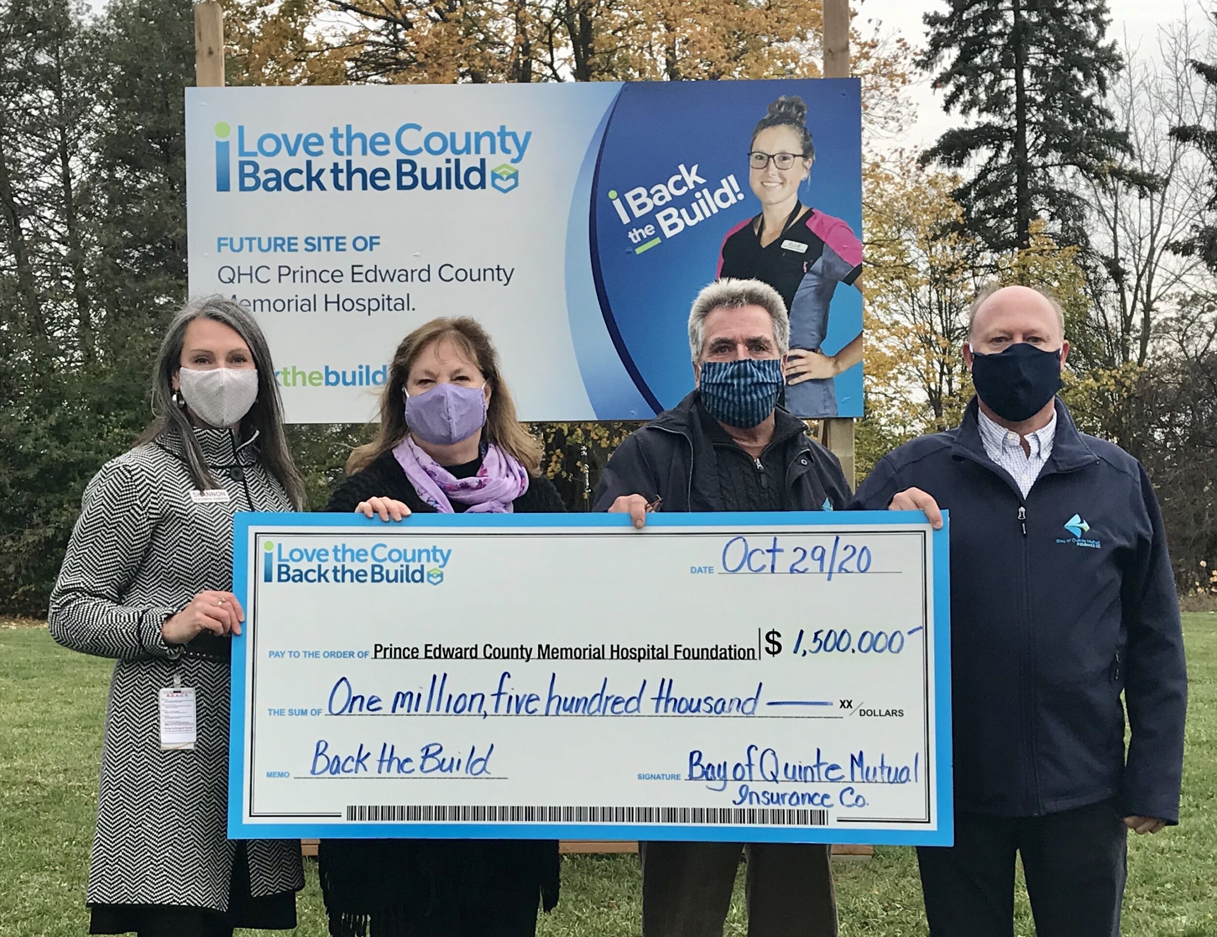 <p>BIG TIME HELP FROM BAY OF QUINTE MUTUAL- From left: Shannon Coull, executive director of the PECMH Foundation; Nancy Parks, Back the Build campaign co-chair; Steve Raymond, chair of the Bay of Quinte Mutual Insurance Board and Jeff Howell, president of Bay of Quinte Mutual Insurance Co. The local insurance company announced it was committing $1.5 million to the Back the Build Campaign. (Briar Boyce Photo)</p>
