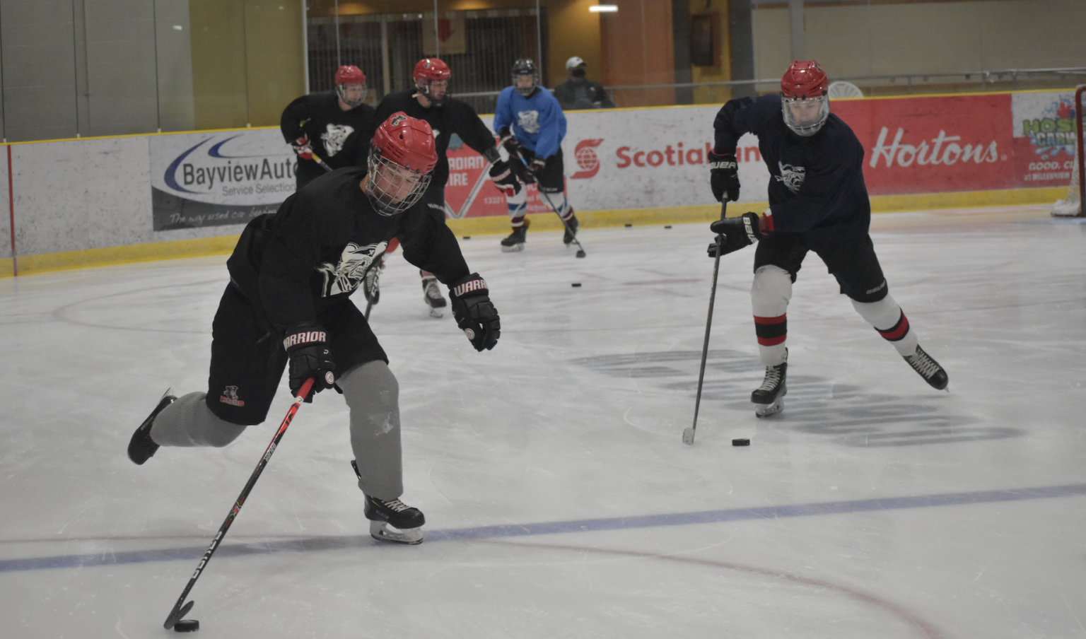 <p>PLAYING WITH PRIDE Picton natives (From left) Cooper Rogers and Nolan Dawson work out at a Pirates practice on Friday night. Picton General Manager Chris Masterson is canvassing the community for help with the local PJHL club. (Jason Parks/Gazette Staff). </p>

