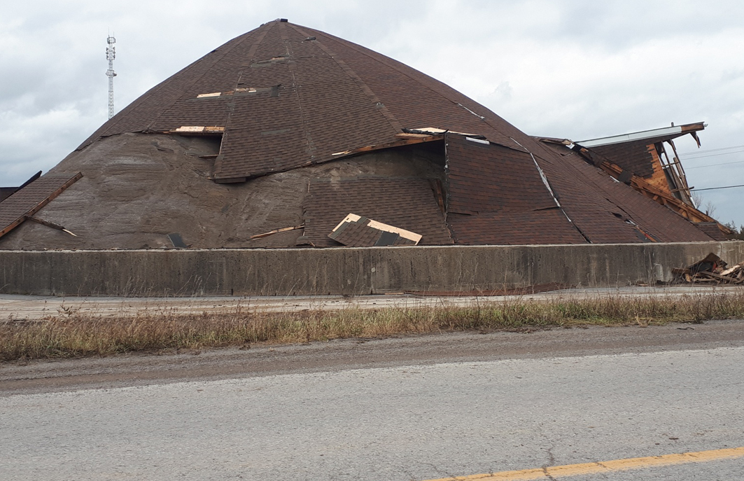 <p>A MIGHTY WIND A devastated salt dome sits on County Rd. 2 near Salem Rd. on Monday. The structure fell victim to heavy winds on Sunday evening that battered the Quinte area, causing property and roof damage and power outages but little by way of personal injuries.  (Gazette photo by John Ferguson)</p>
