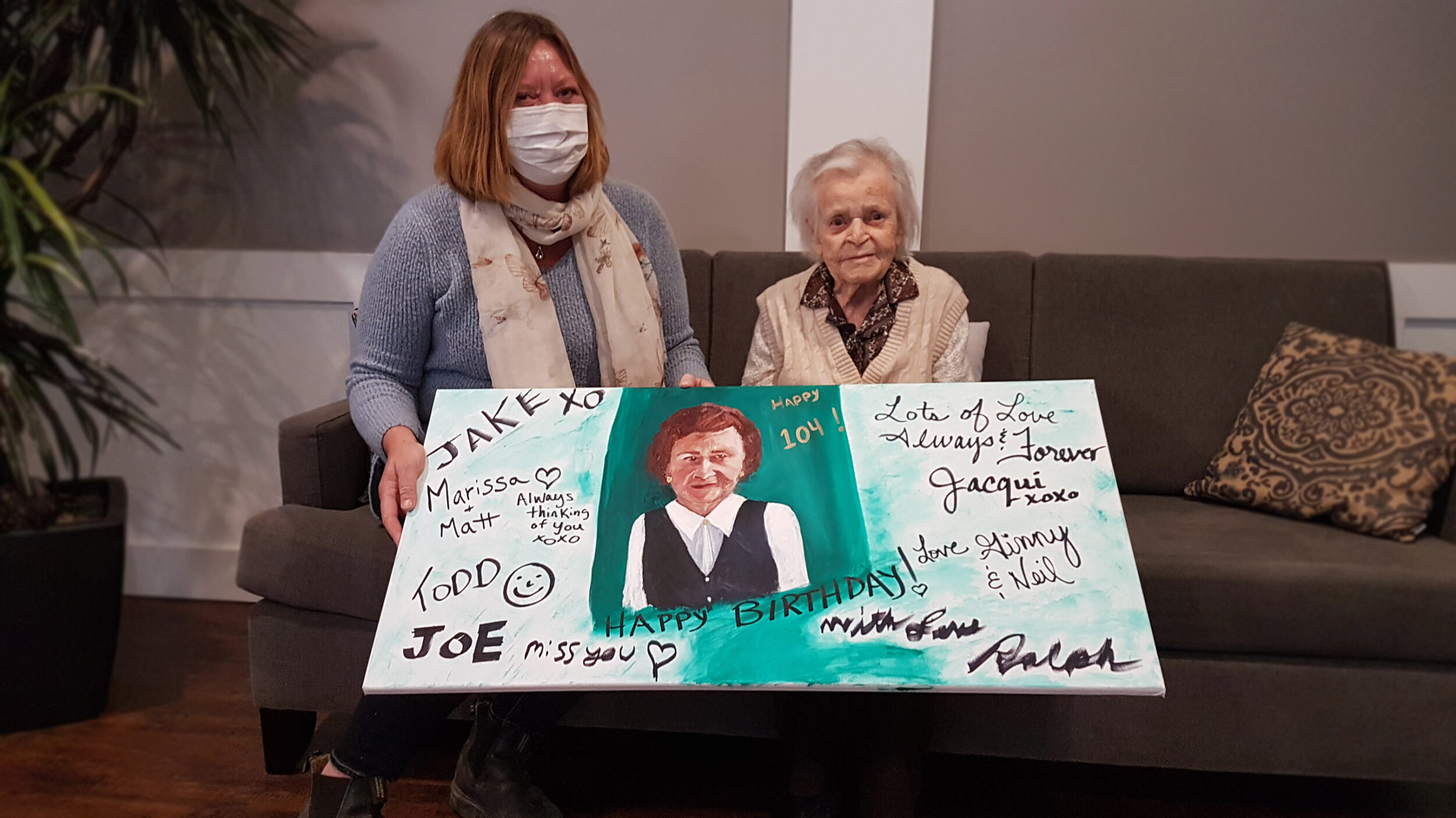 <p>104 YEARS YOUNG Kay Burley of MLP Residence in Picton turned 104 on Friday and in celebration, a portrait with her descendant and their family member’s well wishes were presented to her. Pictured with Kay is her granddaughter in-law, Jacqui Burley. (Desirée Decoste/Gazette staff)</p>
