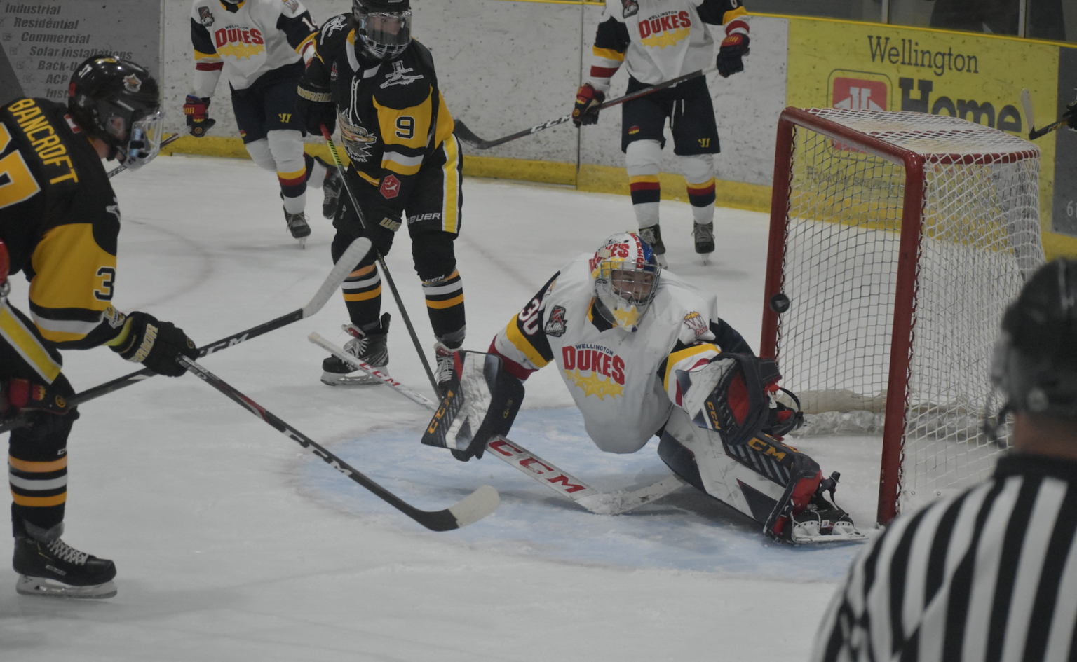 <p>Trenton Golden Hawk forward Dalton Bancroft caught iron behind Wellington Dukes goalie Ethan Morrow with this shot in the first period of Game 2 of the 2020 Hasty P’s Summit Series. (Jason Parks/Gazette Staff)</p>
