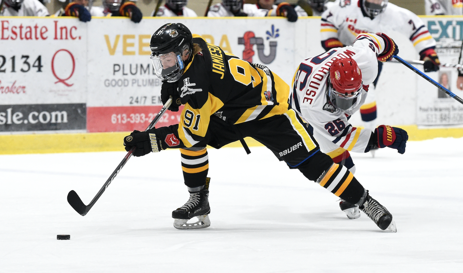 <p>PULLING AWAY- Trenton’s Aaron Jamison gets a step on Ben Woodhouse en route to a first period shorthanded goal in the Golden Hawks’ 6-3 win over host Wellington in Game 8 of the 2020 Hasty P’s Cup Summit Series. (Andy Corneau/OJHL Images)</p>
