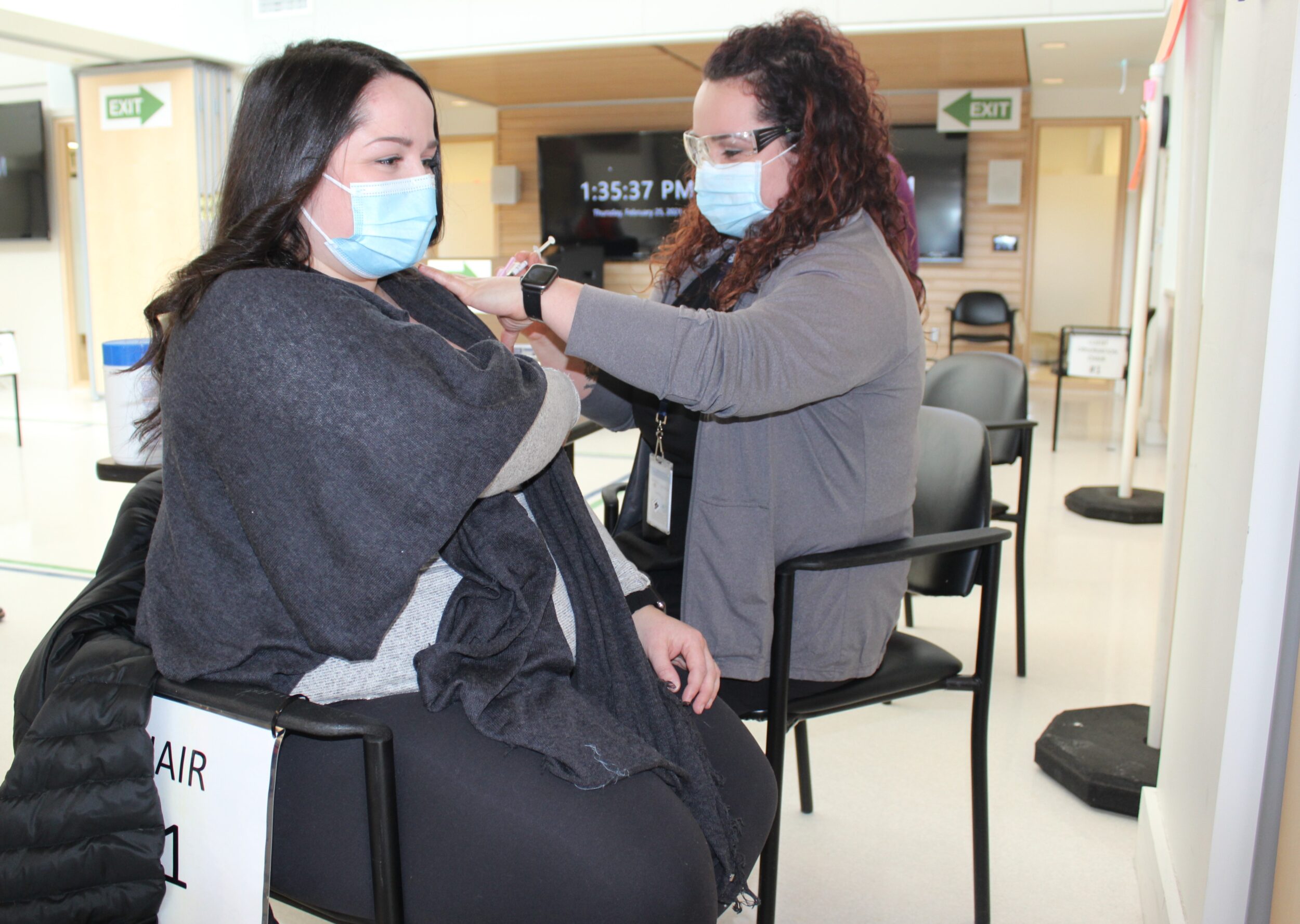 <p>TAKE YOUR BEST SHOT- Jayla Kirkham, a Registered Nurse who works at QHC Trenton Memorial Hospital, receives her vaccination from Sarah Leitch, a Registered Practical Nurse from Hastings Prince Edward Public Health. (QHC Photo)</p>
