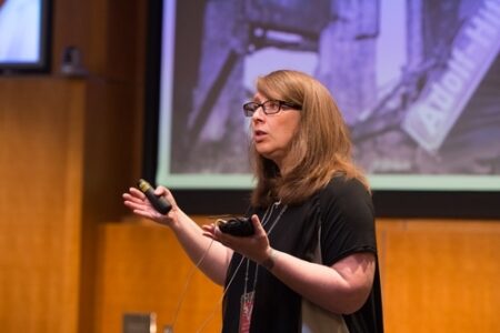 <p>Melissa Mikel, Director of Education for the Friends of Simon Wiesenthal Centre for Holocaust Studies, presented the story of Faigie Schmidt Libman at Flashback February on Tuesday. (FSWCHS Photo)</p>
