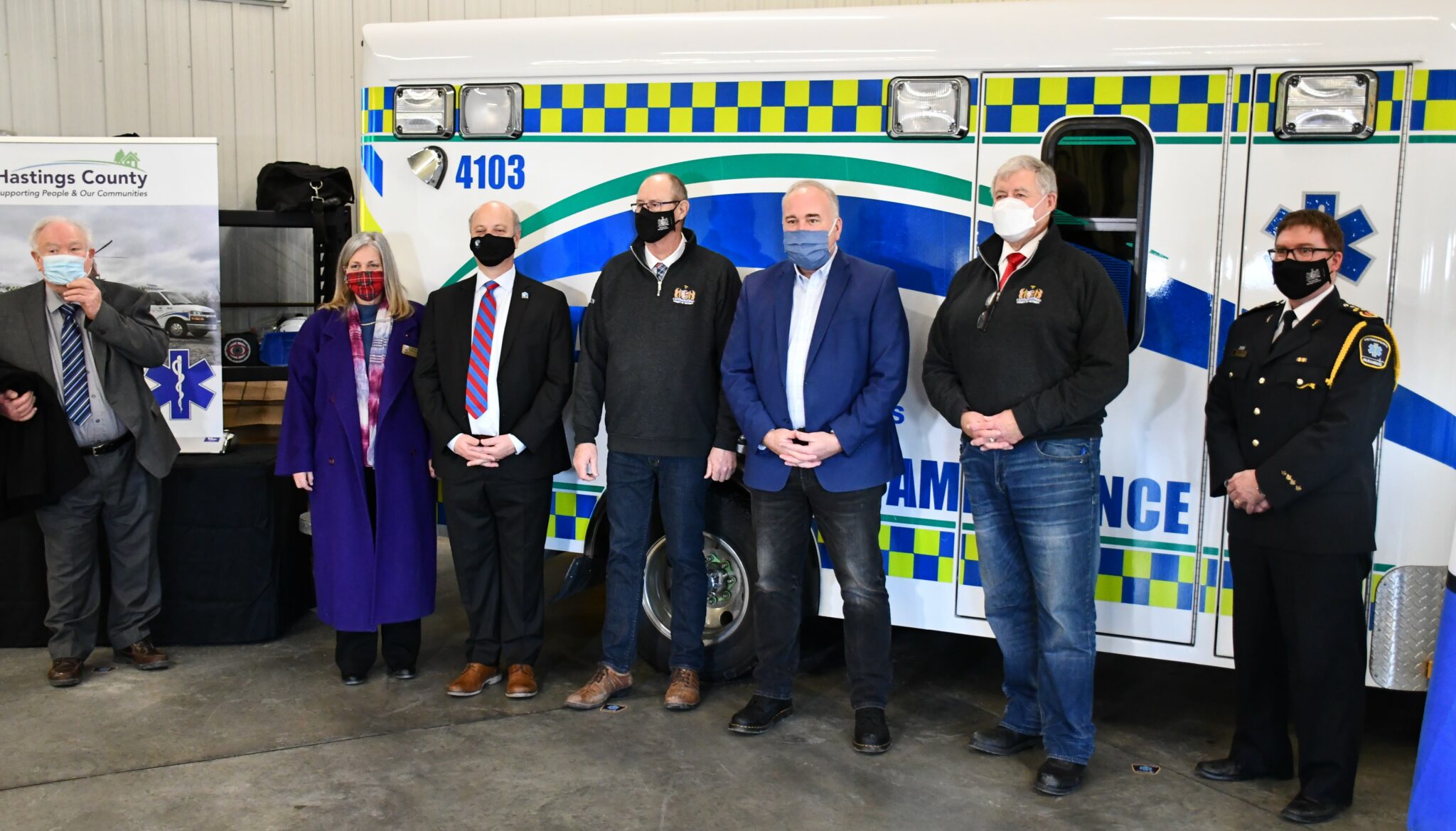 <p>(From Left) Quinte West Mayor Jim Harrison, Prince Edward County Councillor Janice Maynard, Belleville Mitch Panciuk, Hastings Warden Rick Phillips, MPP Todd Smith, MPP Daryl Kramp and Hastings-Quinte Paramedic Services Cheif Doug Socha at Thursday’s announcement of expanded Community Paramedicine in the Quinte area. (Submitted Photo)</p>
