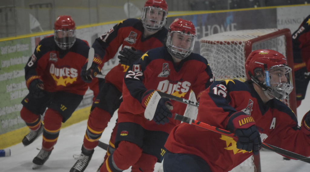 <p>ALL ABOARD- Led by goal scorer Jacob Vreugdenhil, (From Left) Jacob Dietz, Mason Reeves and Cooper Matthews head to the Wellington Dukes bench with a quickness after making the score 2-0 for the home side on Friday afternoon. (Jason Parks/Gazette Staff)</p>
