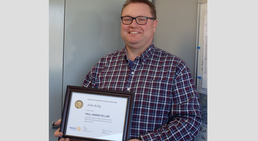 <p>THIS ONE’S A KEEPER- Minor Hockey and Baseball coach and executive volunteer John Kelly was awarded a Paul Harris Fellow award by the Rotary Club of Picton last week. Kelly has volunteered with both organizations for upwards of two decades. (Rotary Photo)</p>
