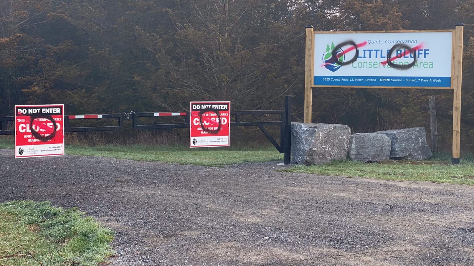 <p>Newly installed signage was spray painted by a vandal at Little Bluff sometime between Friday April 9 and Tuesday April 13. (Quinte Conservation photo)</p>
