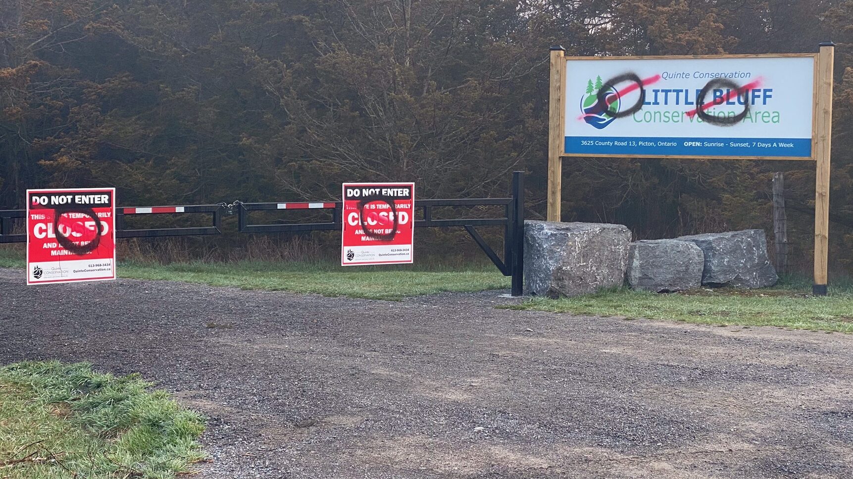 <p>Newly installed signage was spray painted by a vandal at Little Bluff sometime between Friday April 9 and Tuesday April 13. (Quinte Conservation photo)</p>
