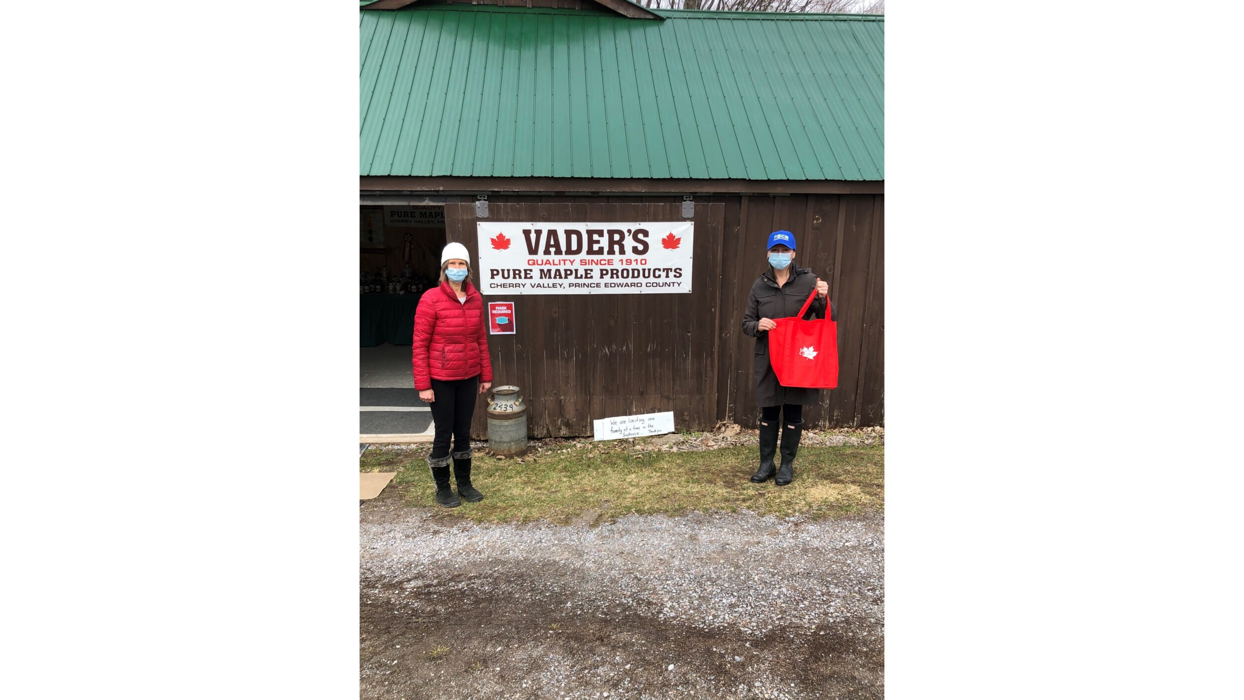 <p>SWEET DONATION Pictured from left at Vader’s Maple Syrup during Maple in the County is Sue Vader, maple producer and Shannon Coull, executive director of the PECMH Foundation. (Submitted photo)</p>
