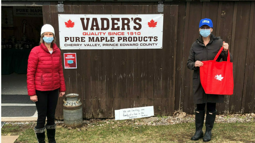 <p>SWEET DONATION Pictured from left at Vader’s Maple Syrup during Maple in the County is Sue Vader, maple producer and Shannon Coull, executive director of the PECMH Foundation. (Submitted photo)</p>
