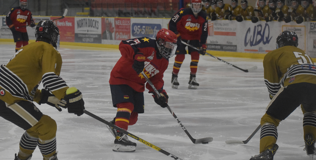 <p>IN A SNAP  Wellington Dukes forward Tyler Ignazzitto tries a shot attempt against the visiting Trenton Golden Hawks during Game Four of the Spring Development Series. The Bath native had two goals and an assist on the series clinching goal for Wellington in his final two games. (Jason Parks/Gazette Staff)</p>
