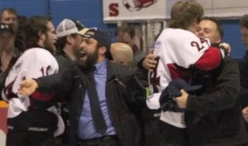 <p>FAMILIAR GROUND  AND FRIENDLY SKIES (Centre) Kyle Hawkins Schulz celebrates after the Picton Pirates capture the 2013 OHA Schmalz Cup championship.  (Chad Ibbotson/Gazette File Photo)</p>
