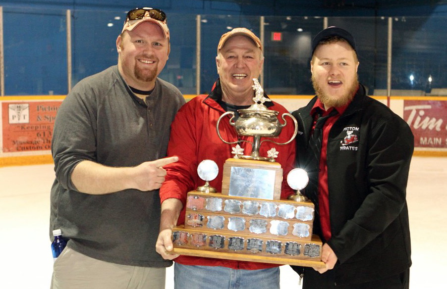 <p>THE PAST,PRESENT & FUTURE-  (From left) Jason Parks and Ron Norton celebrate the 2013 Schmalz Cup championship with then-Picton Pirates Coach and GM Ryan Woodward. Parks is returning to the club as GM and Norton has taken over as President during a change of the volunteer executive board. (Dean Peever for the Gazette)</p>
