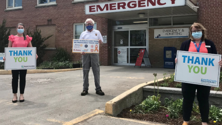 <p>Pictured in front of Prince Edward County Memorial Hospital is Shannon Coull, executive director of the PECMH Foundation and member of Picton Rotary, John Clarke, president of the Rotary Club of Picton and Lisa Mowbray, patient services manager and site lead for QHC PECMH. Photo by Briar Boyce.</p>

