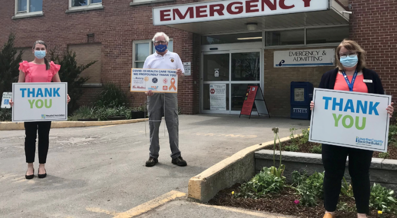 <p>Pictured in front of Prince Edward County Memorial Hospital is Shannon Coull, executive director of the PECMH Foundation and member of Picton Rotary, John Clarke, president of the Rotary Club of Picton and Lisa Mowbray, patient services manager and site lead for QHC PECMH. Photo by Briar Boyce.</p>
