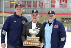 <p>Outgoing owner Micheal Mulvihill and incoming owner Ken Clement at the Dukes won the 2018 Buckland Cup  (Ed McPherson/OJHL Images)</p>
