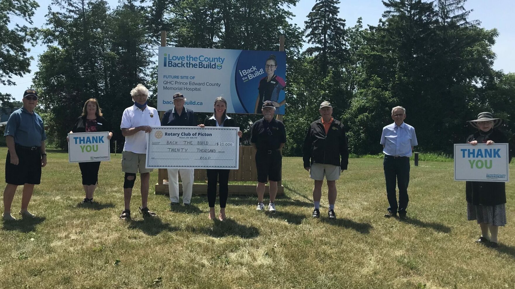 <p>Pictured at QHC PECMH on June 24 from left: Rick Jones, Rotarian; Nancy Parks, Back the Build campaign co-chair; John Clarke, president of the Rotary Club of Picton; Bob Bird, Rotarian; Shannon Coull, executive director of the PECMH Foundation and Rotarian; Grant Reynolds, Rotarian; Donald Wakefield, Rotarian; Frank Wright, Rotarian and Libby Crombie, Back the Build campaign cabinet member and Rotarian. (Photo by Briar Boyce)</p>

