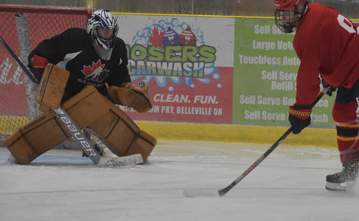 <p>Hanmer native and Picton Pirates prospect Noah Beaulne works out with Wellington Duke Cole McGuire at Lehigh Arena Thursday.  Beaulne is expected to play part of the game against the Napanee Raiders on Sunday.  (Gazette Staff)</p>
