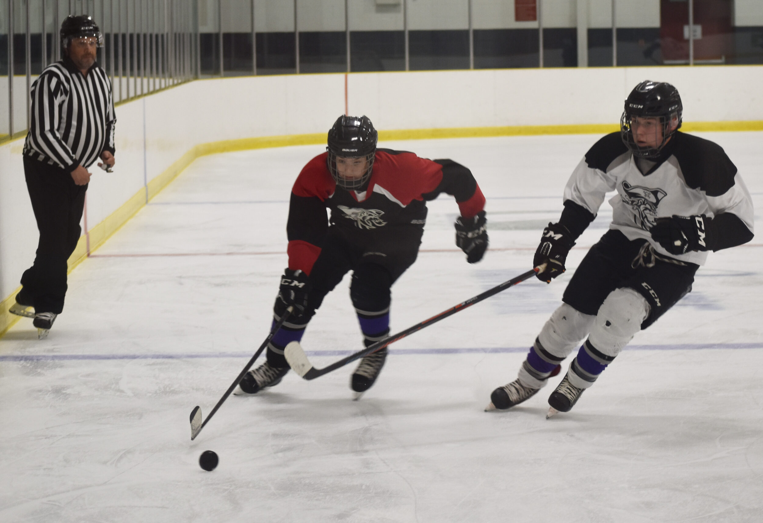 <p>THE RACE IS ON -County Kings (From Left) Riley Grimmon and Liam Rice race for the puck during Picton Pirates camp in Belleville this weekend. (Gazette Staff)</p>
