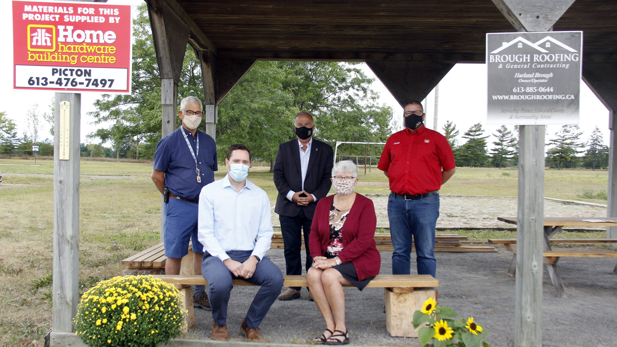 <p>THE LOVE OF SONG (back left) Board member Ken How, Neil Ellis, MP for Bay of Quinte, Adam Busscher, Manager Home Hardware, Picton, (front left) Development Manager Andy Spry and Board member Donna Rodgers pictured under the pavilion with the new roof, on the LoveSong property. (Desirée Decoste/Gazette staff)</p>
