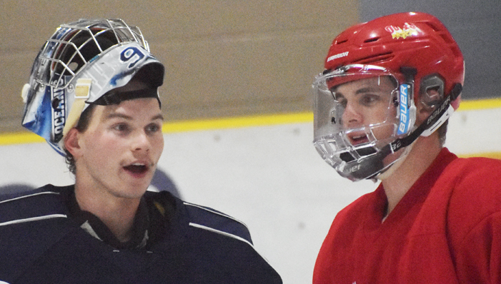 <p>THE KID IS BACK IN TOWN- Goaltender Matt Dunsmoor, seen here with Jacob Vreugdenhil at a recent practice,  has rejoined the Wellington Dukes after a season in Rimouski with the QMJHL’s Oceanic. (Jason Parks /Gazette Staff)</p>
