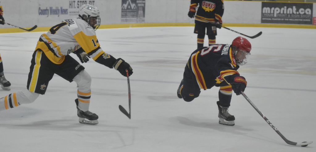 <p>OUT OF REACH Wellington’s Jacob Vreugdenhil tries to control a puck as well as stay away from the stick of Trenton Golden Hawk Trystan Mughal during Friday night’s loss. (Jason Parks/Gazette Staff)</p>
