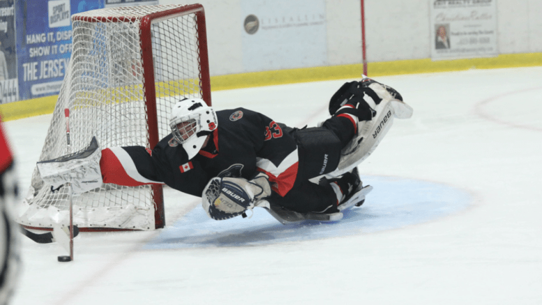 <p>Picton’s Nolan Lane lays out to cover a puck. The 17-year-old netminder made the PJHL prospects event next month in Orillia. (Shawna Adams for the Gazette.)</p>
