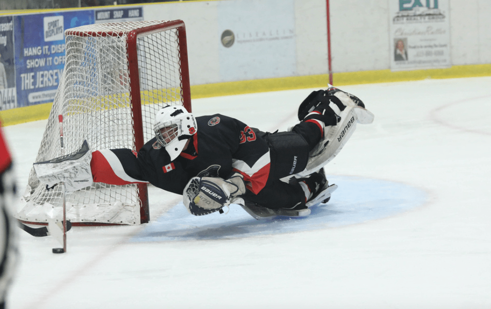 <p>Picton’s Nolan Lane lays out to cover a puck. The 17-year-old netminder made the PJHL prospects event next month in Orillia. (Shawna Adams for the Gazette.)</p>
