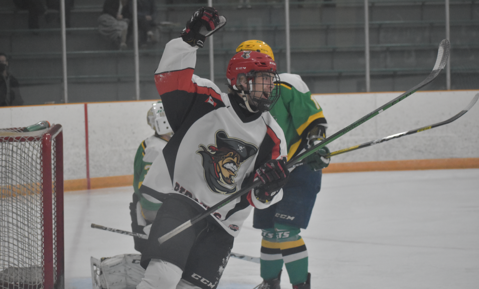 <p>ON A HIGH Picton Pirate Reese Hancock celebrates after tucking home the eventual game winning goal in his club’s 3-2 win Sunday night in Amherstview. (Gazette Staff)</p>
