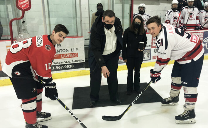 <p>READY TO GO Picton Pirates Captain Devin Morrison and Campbellford Rebels counterpart Andrew Moran wait for Joseph and Donna Ludlow to drop the puck Thursday evening (Gazette Staff)</p>
