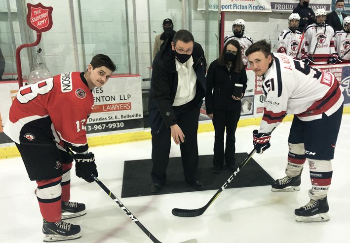 <p>READY TO GO Picton Pirates Captain Devin Morrison and Campbellford Rebels counterpart Andrew Moran wait for Joseph and Donna Ludlow to drop the puck Thursday evening (Gazette Staff)</p>
