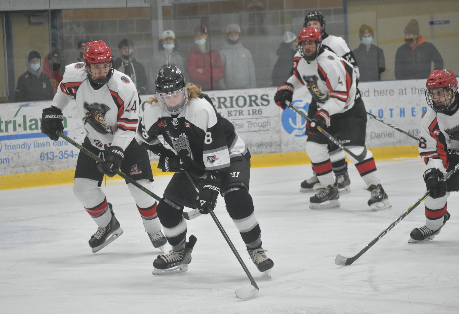 <p>Picton&#8217;s Cole Lavender challenges Owen Ellis of the Napanee Raiders during the Pirates 6-0 loss Friday night. (Gazette Staff)</p>
