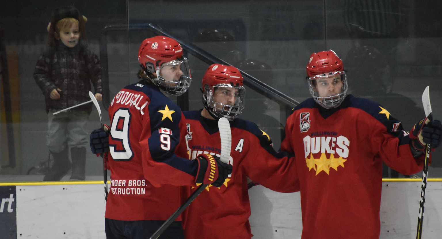 <p>(Left) Brodie MacDougall and (Right) Barret Joynt celebrate Jacob Vreugdenhil’s late first period power play goal on Sunday. (Jason Parks/Gazette Staff)</p>
