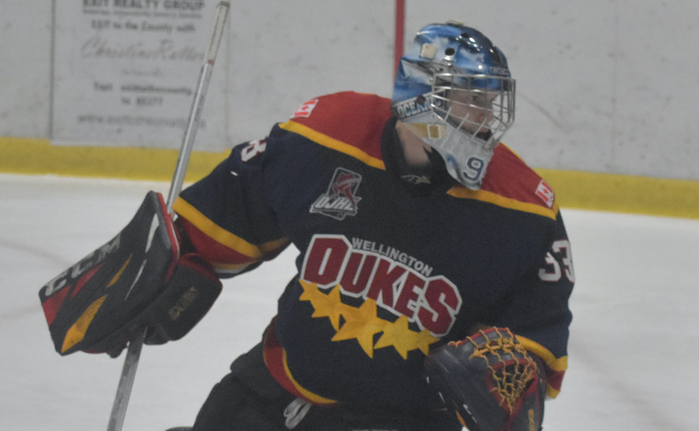 <p>NO LOOKING BACK Wellington’s Matt Dunsmoor post his first shutout of the season on Friday in a 1-0 Dukes win over North York. (Jason Parks/Gazette Staff)</p>
