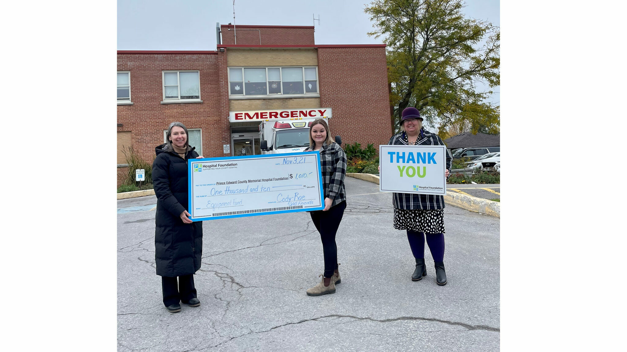 <p>Pictured in front of QHC PECMH from left: Shannon Coull, executive director of the PECMH Foundation, Cody-Rae Fowler and Briar Boyce, senior development officer with the PECMH Foundation. Fowler donated $1,010 to PECMHF from a series of summer sales she hosted. (Submitted photo)</p>
