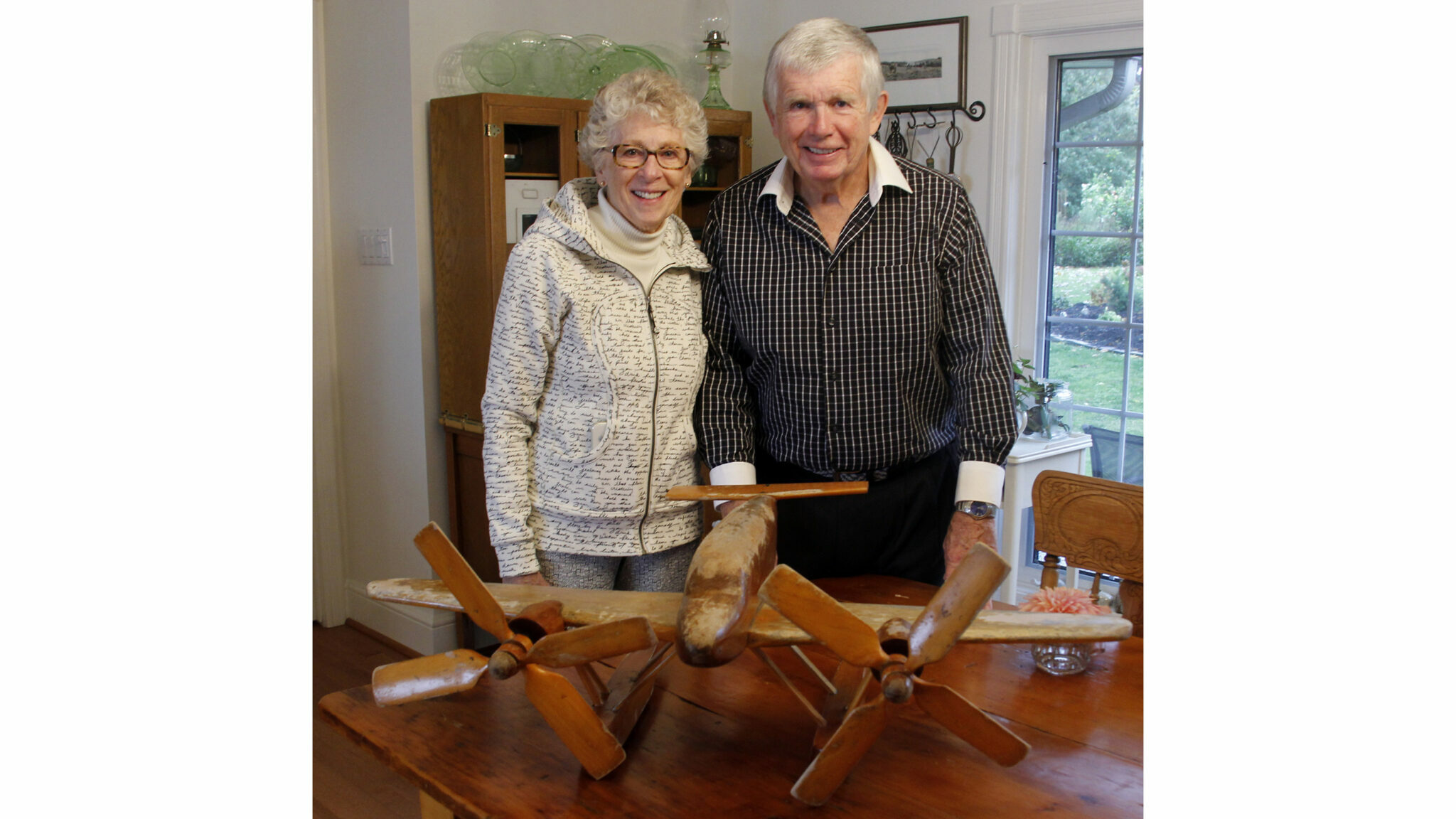 <p>REUNITED Rhonda and Bill Armstrong with their hand crafted float plane found by a neighbour. The &#8216;craft&#8217; had been missing for three years after a wind storm took it off its post in 2018. (Desirée Decoste/Gazette staff)</p>
