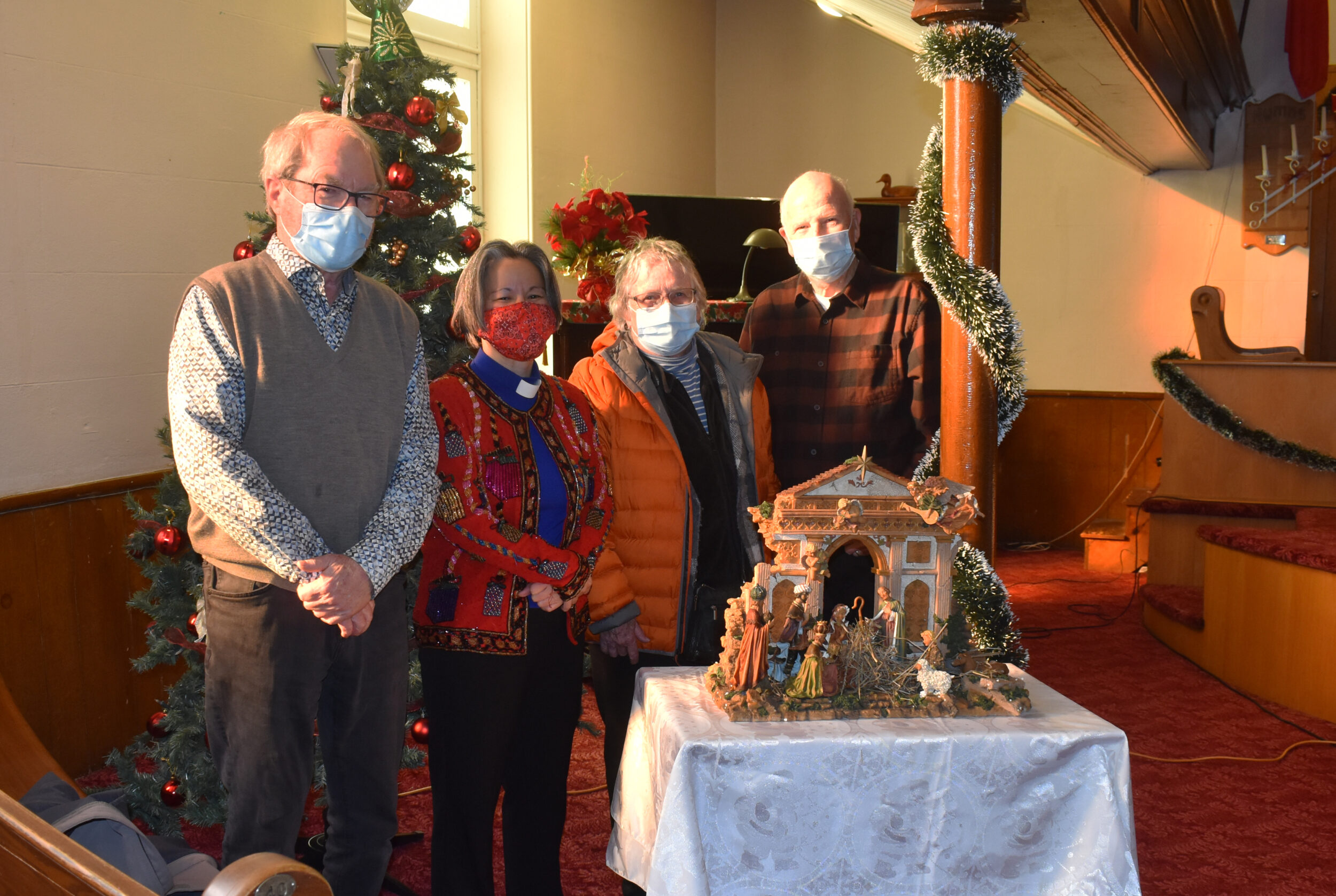 <p>The site of worship that houses the Bloomfield United Church congregation celebrated 150 years in 2021. Joining (Second from left) Rev. Cathy Duggan are church members Rob Leek, Dorothy Fraliegh and Alec Stickle. (Jason Parks/Gazette Staff)</p>
