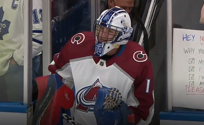 <p>A SHORT FLIGHT<br />
Bloomfield’s Jett Alexander takes the ice in Toronto last week as an emergency back up goalie for the visiting Colorado Avalanche. (Sportsnet Screen Grab)</p>
