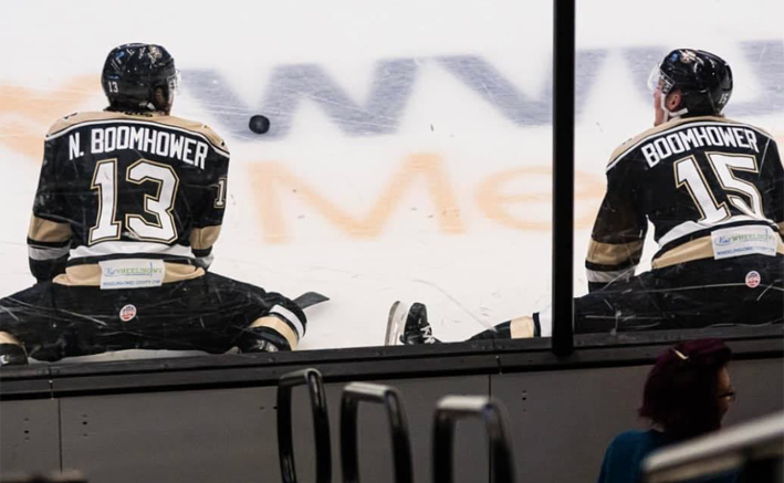 <p>RARE OPPORTUNITY Picton Pirate Nate Boomhower and his brother Shaw during warm up at the WesBanco Arena in Wheeling, West Virginia on Boxing Day.  (Submitted Photo)</p>
