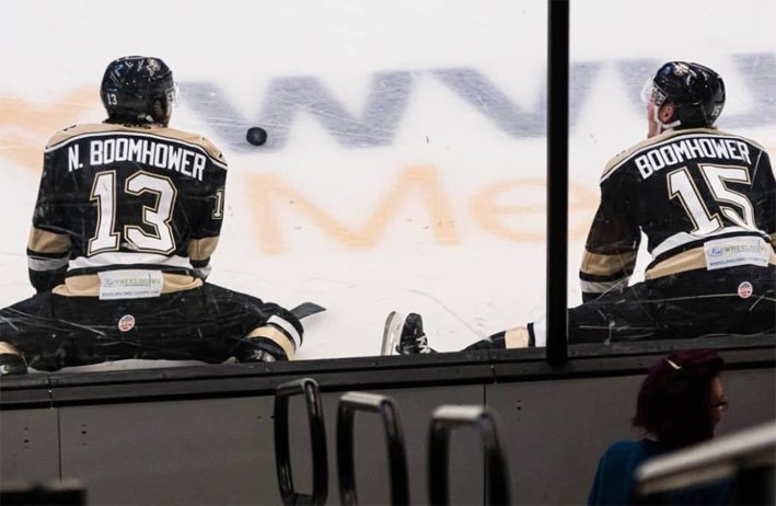 <p>RARE OPPORTUNITY Picton Pirate Nate Boomhower and his brother Shaw during warm up at the WesBanco Arena in Wheeling, West Virginia on Boxing Day.  (Submitted Photo)</p>
