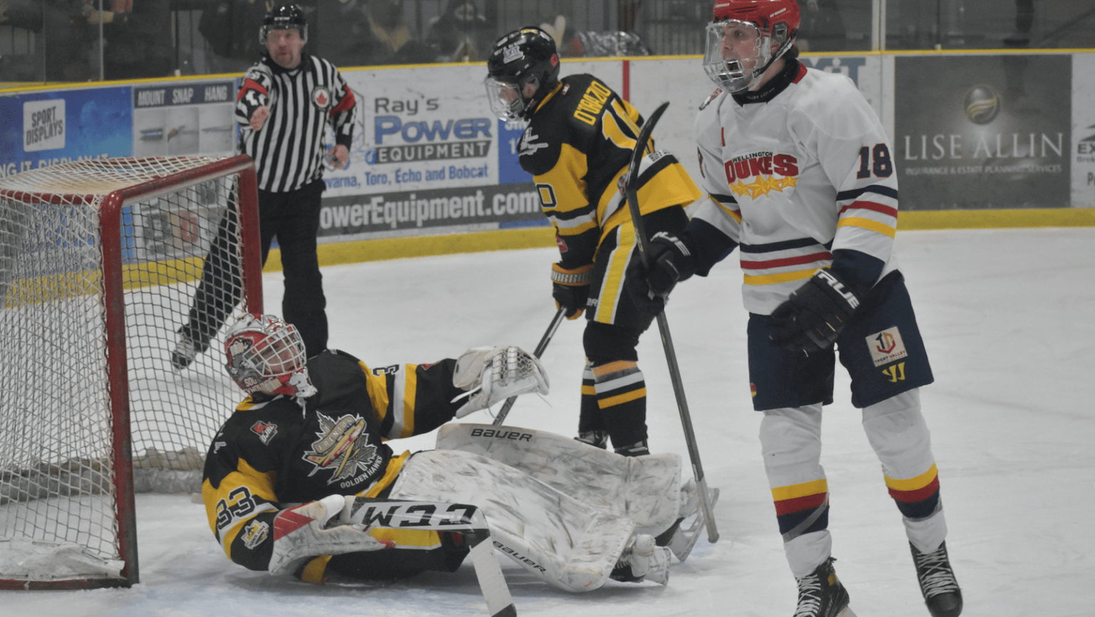 <p>Dukes forward Ethan Quick is elated after linemate Will Mitchell scored in the first period of Wellington’s 5-3 win Friday night over Trenton. (Jason Parks/Gazette Staff)</p>
