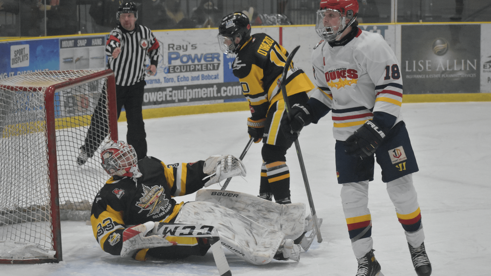 <p>Dukes forward Ethan Quick is elated after linemate Will Mitchell scored in the first period of Wellington&#8217;s 5-3 win Friday night over Trenton. (Jason Parks/Gazette Staff)</p>
