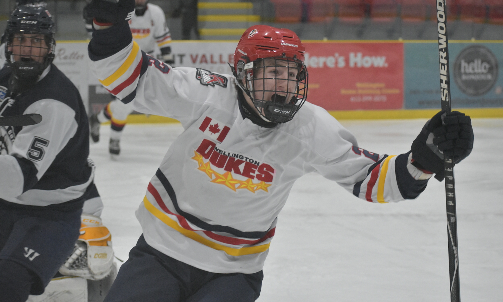 <p>Wellington Duke Creo Solomon&#8217;s first goal with the club was a big one as his third period tally Wednesday night lifted the home side to a 2-1 win over the visiting Haliburton County Huskies. (Jason Parks/Gazette Staff)</p>
