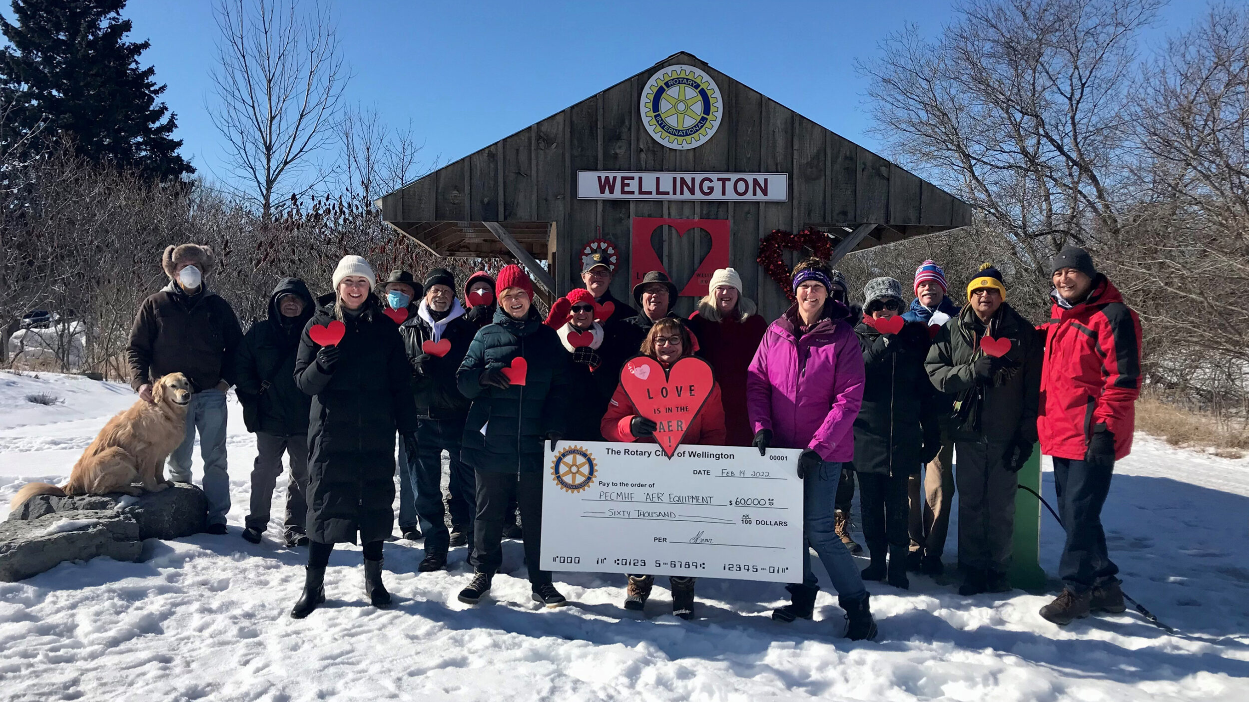 <p>HAPPY HEARTS Pictured at their kiosk along the Millennium Trail in Wellington are Rotary Club of Wellington members announcing their $60,000 pledge for the AER to Shannon Coull, executive director of the PECMH Foundation (front row at left) and Barbara McConnell, board chairperson of the PECMH Foundation (front row, second from left). (Submitted photo)</p>
