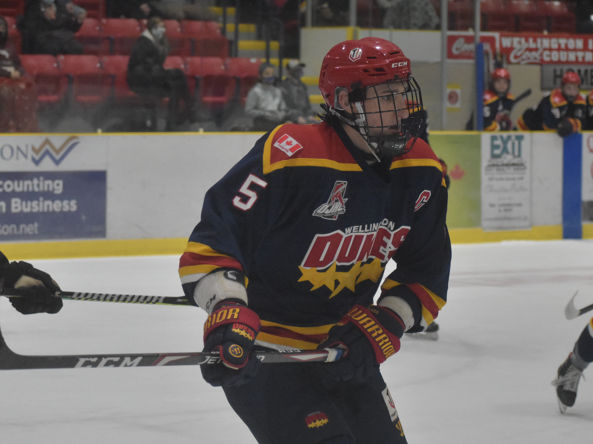 <p>Dukes captain Emmet Pierce had a goal an assist in the club’s comeback effort against Lindsay Sunday. (Jason Parks/Gazette Staff)</p>

